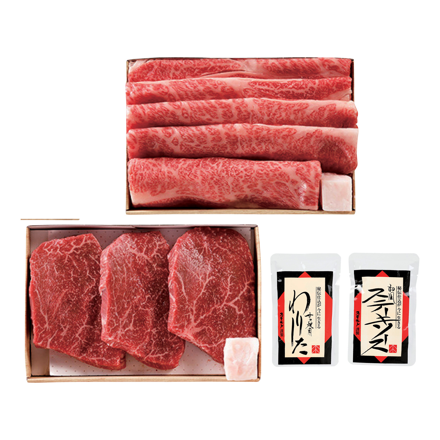 ブランド牛として有名な飛騨牛を、ステーキ用とすき焼用にカットしてお届けいたします。すき焼用の割り下もセットになっています。それぞれのお召し上がり方で、ジューシーな味わいをご堪能ください。