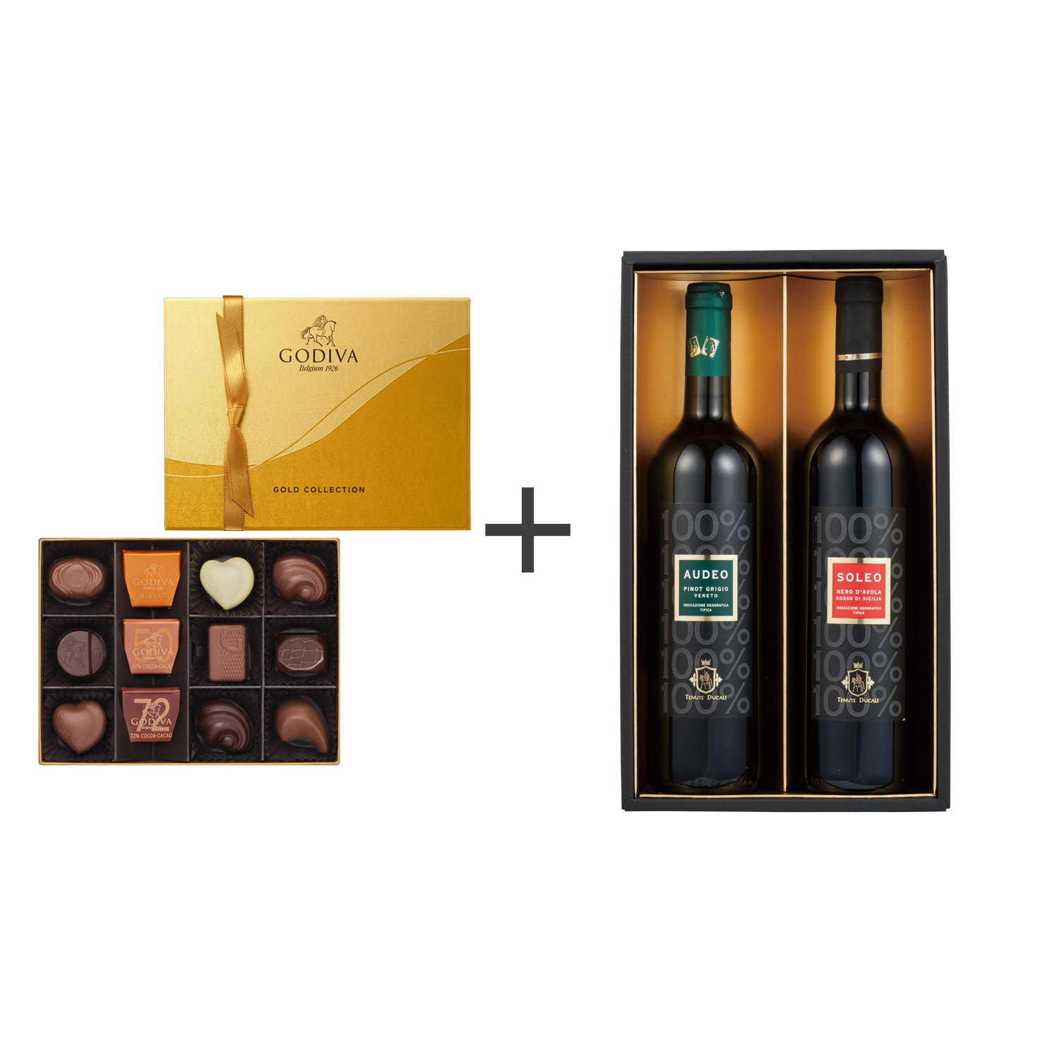 ベルギーの伝統が息づくアートのように美しいチョコレートの詰め合わせと、温暖な気候が織りなす個性豊かなワイン大国イタリアの赤と白のワインのセットです。